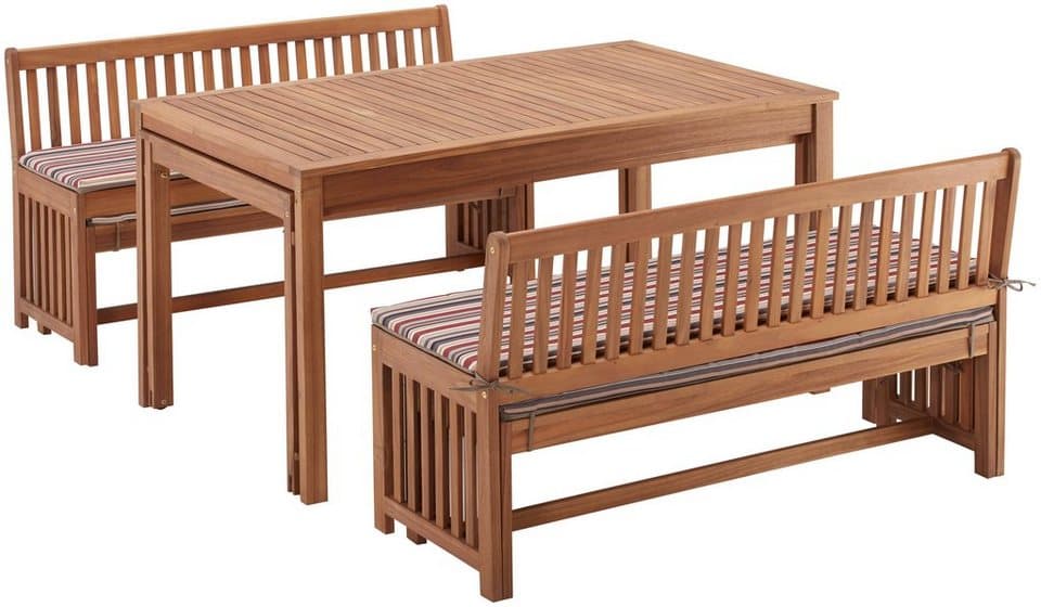 MERXX Garten-Essgruppe Hawaii, (4x Bänke, 2x Tische, 4x Sitzkissen), Akazienholz FSC® 100 % - Thumbnail 3