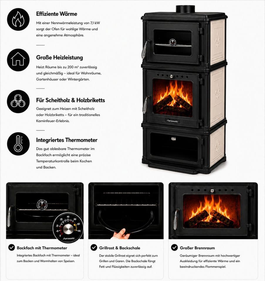 Hanseatic Kaminofen Minerva Beige, 7,1 kW, Zeitbrand, Großer Feuerraum - Thumbnail 6