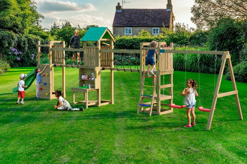 FUNGOO Spielturm Maxi Funny Space Longer, mit Rutsche, Doppelschaukel, Kletterwand, Picknicktisch; Made in Europe - Thumbnail 6
