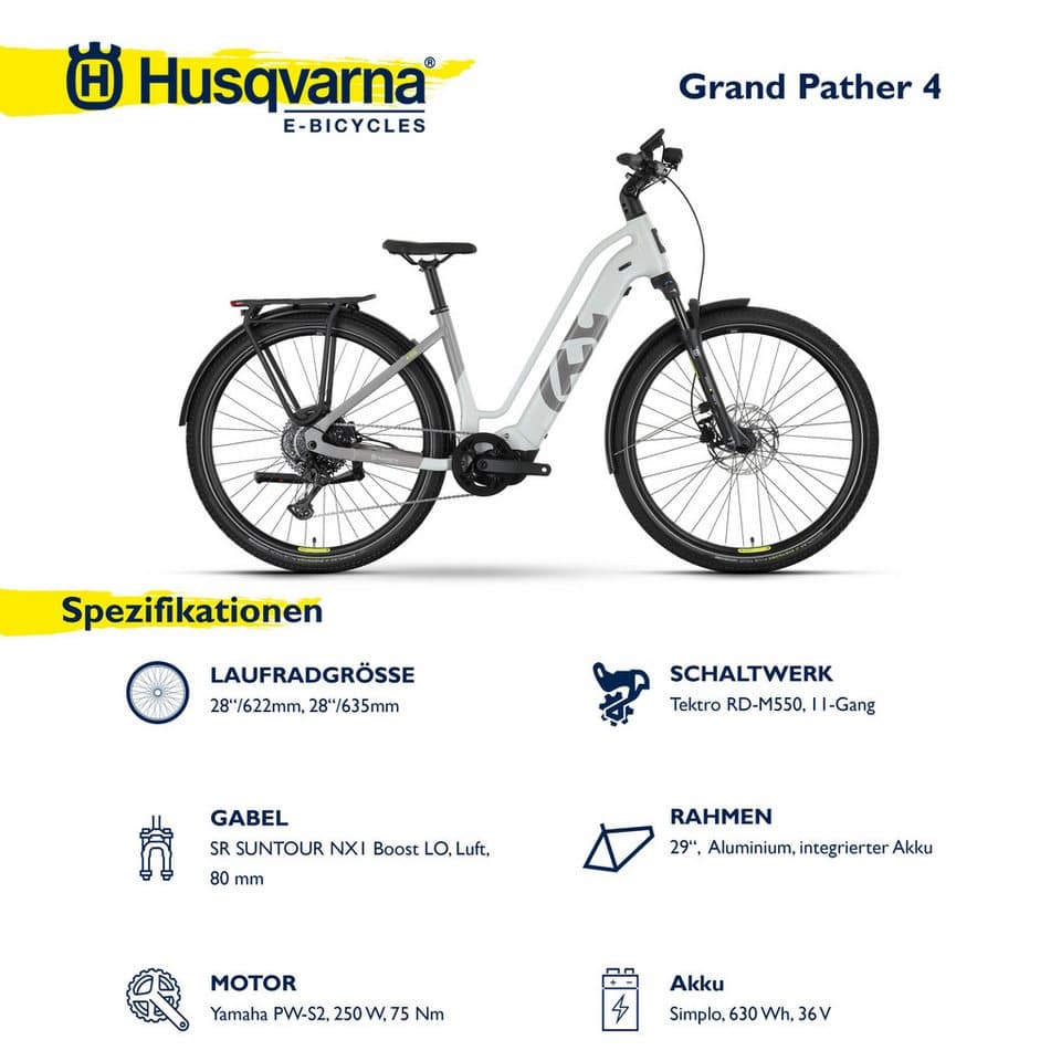 Husqvarna E-BICYCLES E-Bike Trekkingrad E-Trekkingbike Grand Pather 4, 11 Gang Tektro RD-M550 Schaltwerk, Kettenschaltung, Mittelmotor, 630 Wh, (tiefer Einstieg, 28", Yamaha Motor, Scheibenbremsen, Straßenzulassung), Pedelec, Elektrofahrrad für Herren - Thumbnail 4