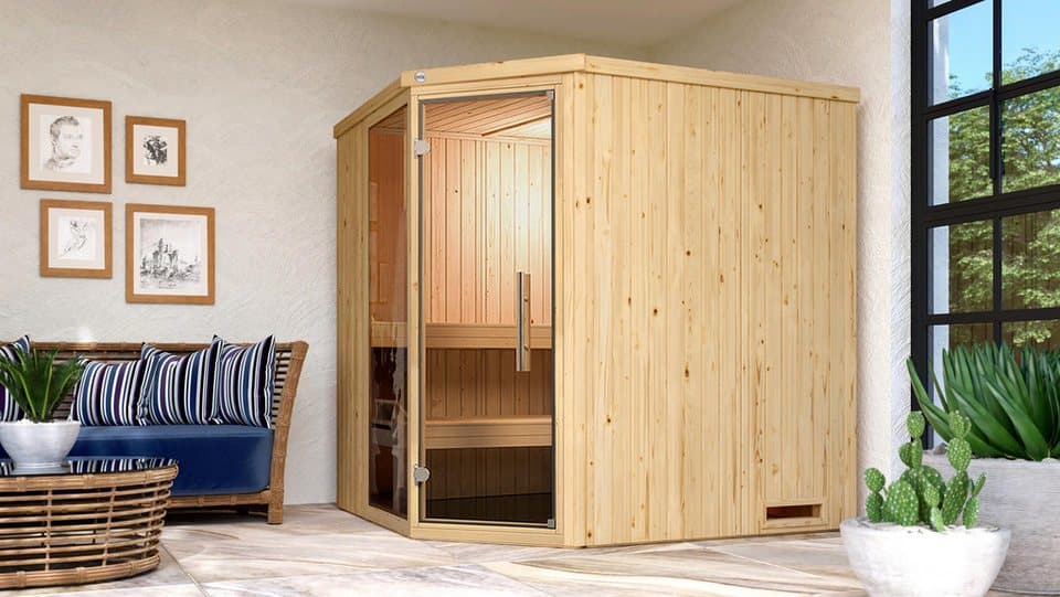 weka Sauna Element-Ecksauna VARBERG 2, BxTxH: 194 x 177 x 199 cm, 68 mm, vorgefertigte Elemente, Fensterelement, moderne Ganzglastür - Thumbnail 2