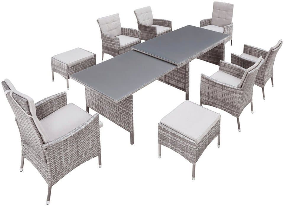 KONIFERA Garten-Essgruppe Parla, (Set, 21-tlg., 6xSessel, 1x AZ-Tisch 150-242,5cm,2x Hocker,inkl. Auflagen, Polyrattan), 2 der 6 Sessel sind verstellbar, Grau, Tischplatte aus Sicherheitsglas - Thumbnail 22