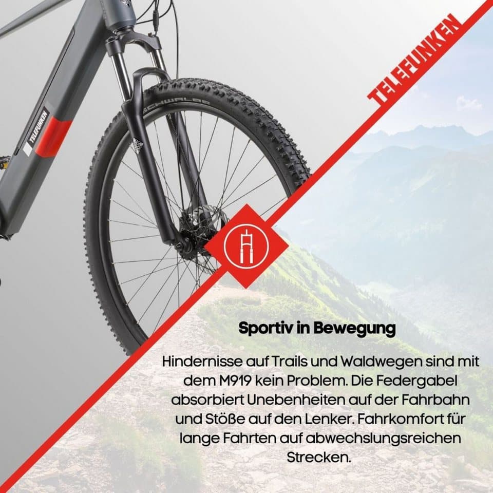 Telefunken E-Bike Mountainbike E-MTB Aufsteiger M919, 7 Gang Shimano Tourney Schaltwerk, Kettenschaltung, Heckmotor, 468 Wh, Pedelec, Elektrofahrrad, Damen u. Herren, E-MTB, Mountainbike, 29 Zoll - Thumbnail 8