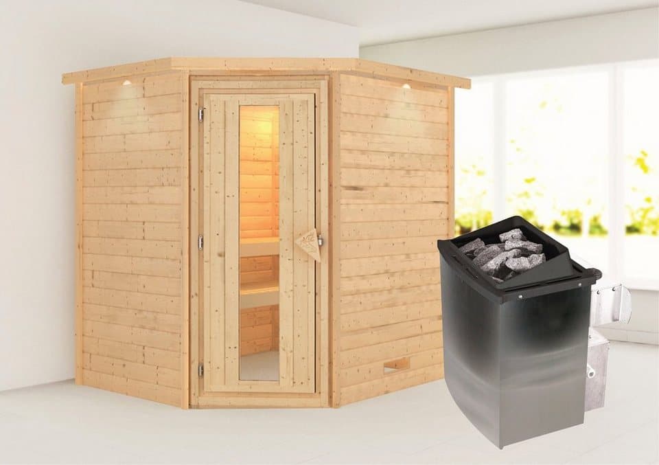 Karibu Sauna Mia (Fronteinstieg), BxTxH: 2240 x 1840 x 2020 cm, 38 mm, Ofen 9 kW integr. Strg