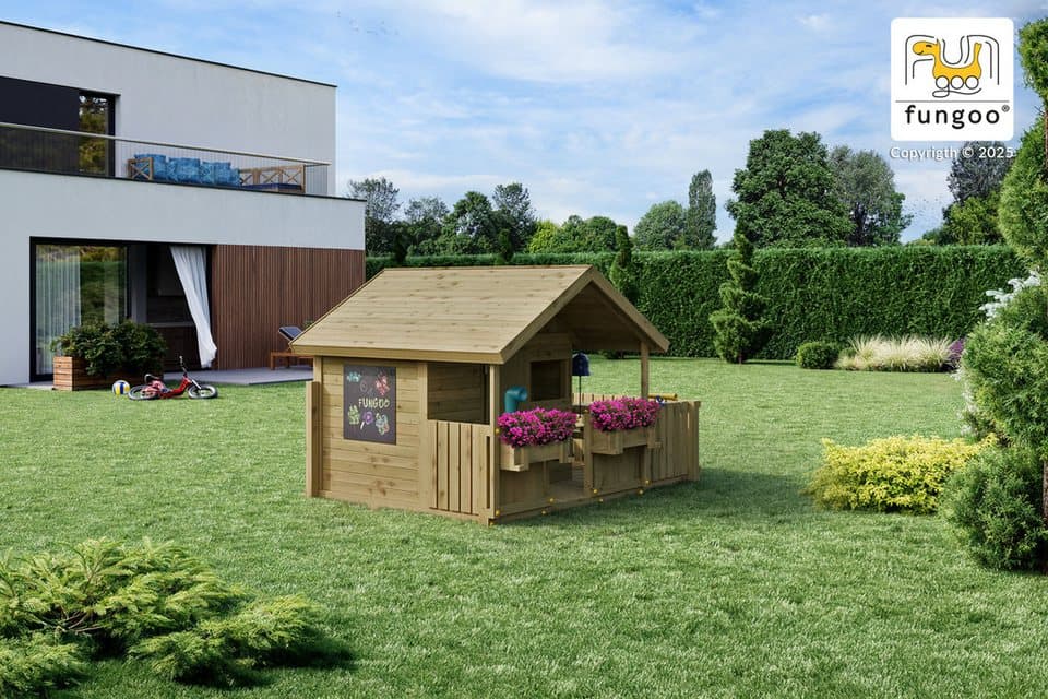 FUNGOO Spielhaus SUNNY BANDCORNER, mit großer Terrasse und Picknicktisch, Tafel, Periskop - Thumbnail 2