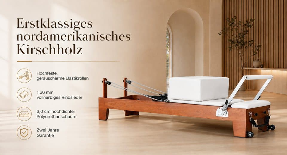 JASPORT Pilates-Reformer Hochwertige Holz-Reformer Serie für Pilates-Studios, (Inklusive Zubehör, Reformer-Set), Human-Bearing-System, Geräuscharme Rollen, Dreistufige Federplatte - Thumbnail 12
