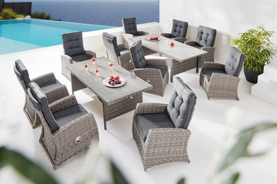 KONIFERA Garten-Essgruppe Monaco, (Set, 31-tlg., 10x Sessel, 1xTisch 200-366x100x75,5cm, inkl. Auflagen, Polyrattan,Alu), Rückenlehne verstellbar, Tischplatte aus 5mm starkem Sicherheitsglas - Thumbnail 23