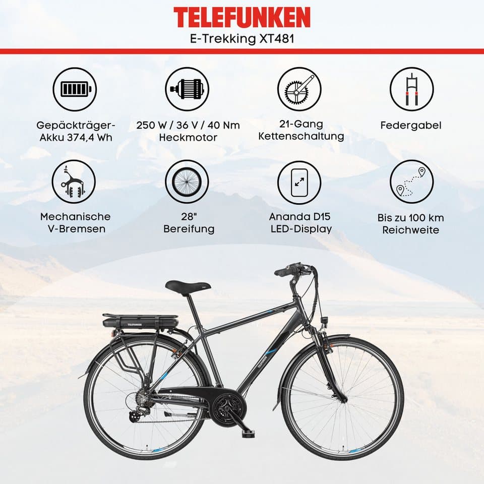 Telefunken E-Bike Trekkingrad Expedition XT481, 21 Gang Shimano, Heckmotor, 374,4 Wh, (mit Fahrradtasche), Reichweite bis zu 100 km, Pedelec, Elektrofahrrad für Herren, 28 Zoll - Thumbnail 5