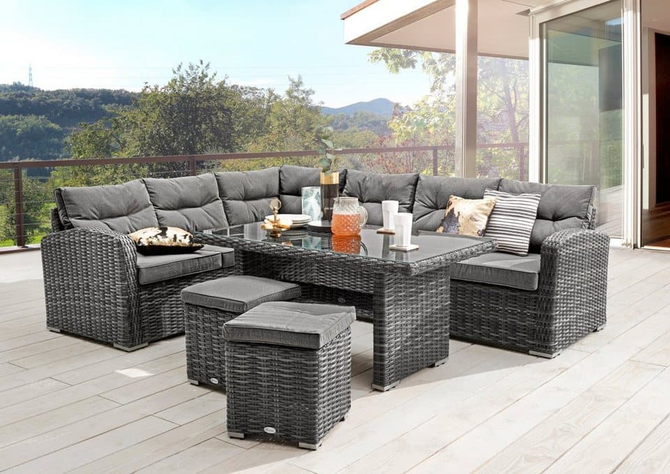 Destiny Gartenlounge-Set SANTA PONSA II Eckgruppe grau meliert, Tisch 140x80cm, Polster grau, (Set, 20-tlg., 2 Schenkel, 2 Hocker, inkl. Polster, 1 Tisch), Aluminium, Polyrattan