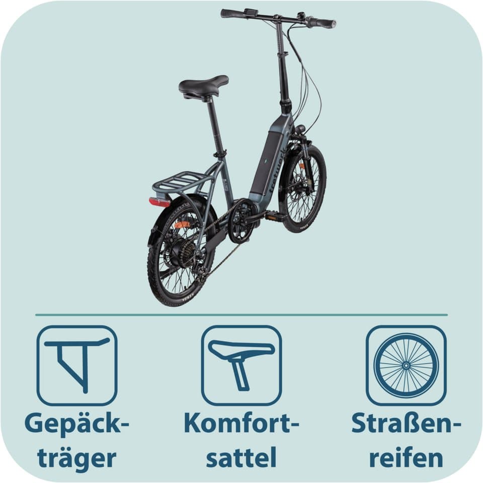 Tretwerk E-Bike Faltrad Camper, 7 Gang Shimano Tourney TY300 Schaltwerk, Kettenschaltung, Heckmotor, 468 Wh - Thumbnail 8