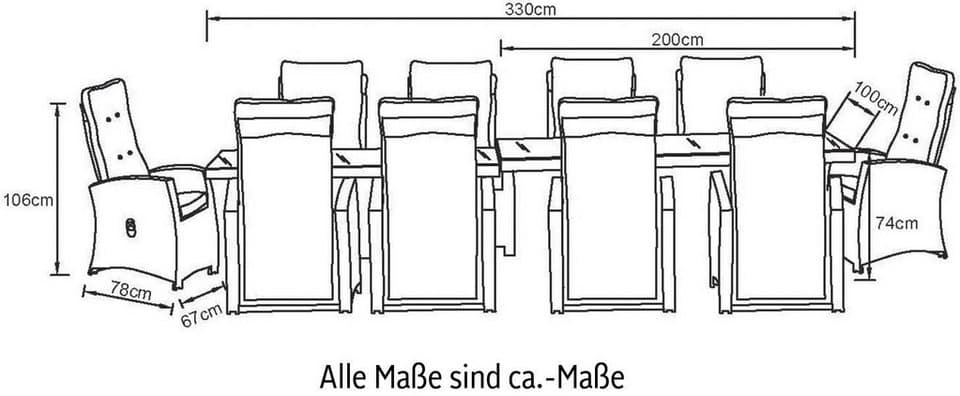 KONIFERA Garten-Essgruppe Monaco, (Set, 31-tlg., 10x Sessel, 1xTisch 200-366x100x75,5cm, inkl. Auflagen, Polyrattan,Alu), Rückenlehne verstellbar, Tischplatte aus 5mm starkem Sicherheitsglas - Thumbnail 26