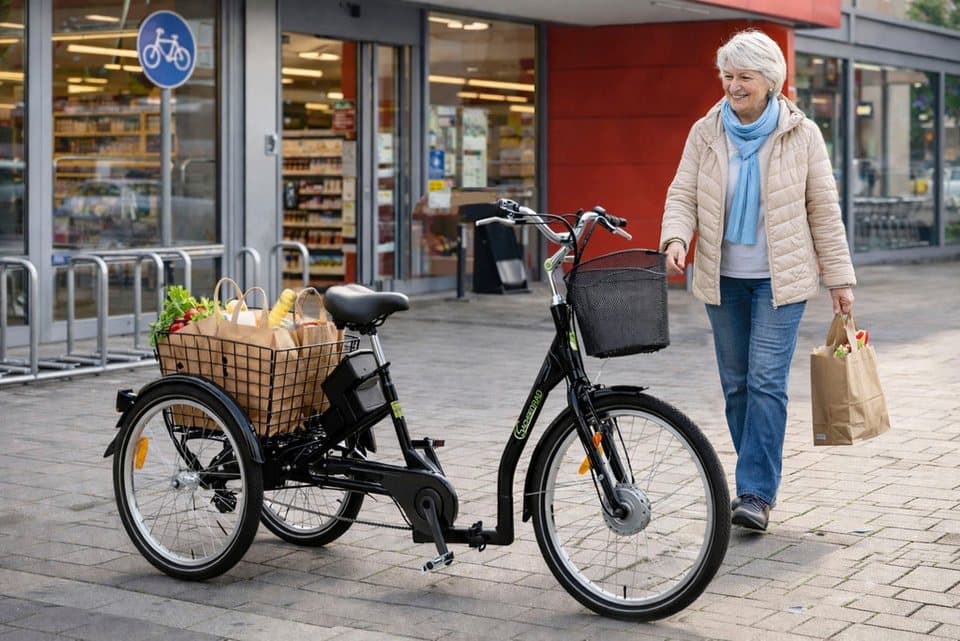 SachsenRAD E-Bike Lastenrad T3A mit Alarmanlage, 7 Gang Shimano Shimano 7-Gang-Kettenschaltung Schaltwerk, Kettenschaltung, Frontmotor, 470 Wh, (LED-Frontlicht, Alarmrücklicht mit Bremslicht, Ledersattel, 3-Räder), Lastenkorb, Lenkerkorb, LCD-Steuer- display, Fahrmodus Pedelec - Thumbnail 4
