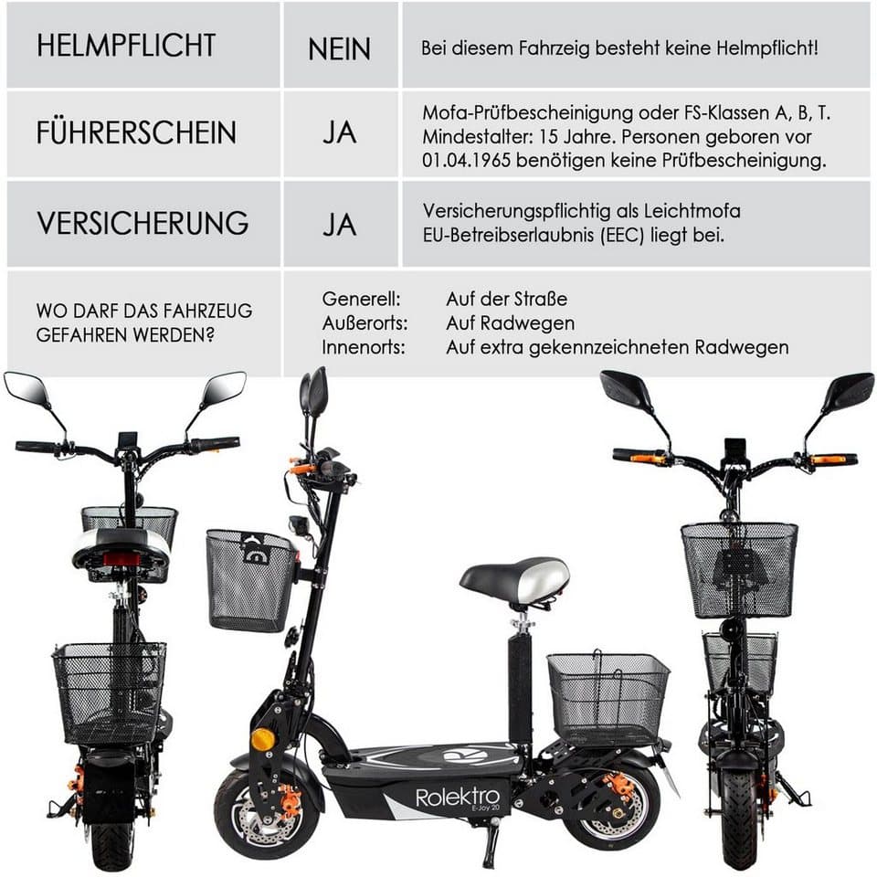 Rolektro E-Mofaroller E-Joy 20, Schwarz, 36V-12AH Blei-Gel Akku, 500 Watt, 20 km/h, bis zu 30 km Reichweite - Thumbnail 7