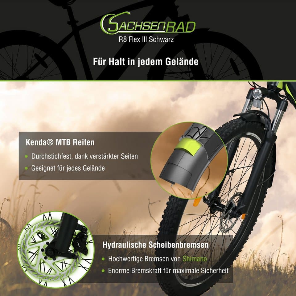 SachsenRAD E-Bike Mountainbike R8 Flex III, 9 Gang Shimano Shimano Altus Schaltwerk, Kettenschaltung, Heckmotor, 520 Wh, (mitgeliefertes, optionales Schutzblech mit integriertem Rücklicht), LCD-Steuerdisplay, Fahrmodus Pedelec, LED- Beleuchtung - Thumbnail 9