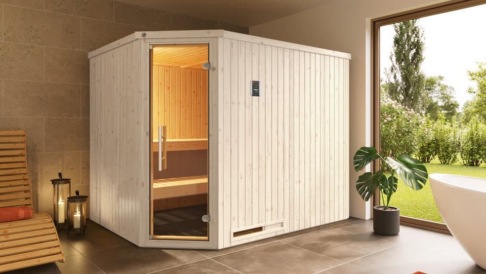 weka Sauna Element-Ecksauna VARBERG 4, BxTxH: 244 x 194 x 199 cm, 68 mm, vorgefertigte Elemente, moderne Ganzglastür - Thumbnail 2