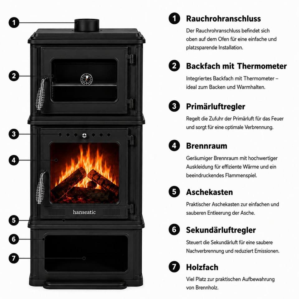 Hanseatic Kaminofen Minerva, 7,1 kW, Zeitbrand, Großer Feuerraum - Thumbnail 6
