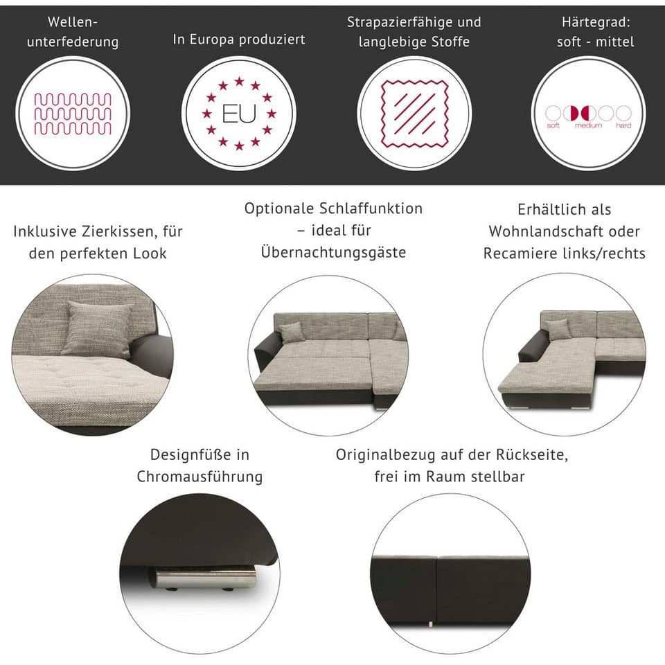 DOMO collection Ecksofa TREVISO viele Bezüge, auch in Cord, L-Form, 267x178 cm, mit Bettfunktion, inkl. Zierkissen, Unser Dauertiefpreis - Thumbnail 3
