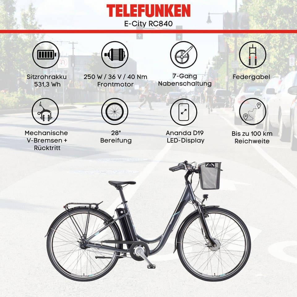 Telefunken E-Bike Cityrad Multitalent RC840, 7 Gang Shimano Nexus Schaltwerk, Frontmotor, 531,3 Wh, Pedelec, Elektrofahrrad für Damen u. Herren - Thumbnail 3