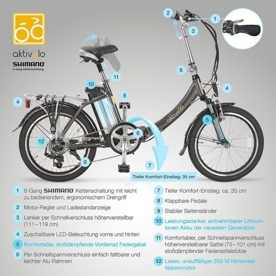 aktivelo Faltrad E-Bike Klapprad, 20 Zoll, klappbares Fahrrad für Damen und Herren, 6 Gang, Kettenschaltung, mit wartungsfreiem 250W Mittelmotor & 5 Unterstützungsstufen - Thumbnail 5