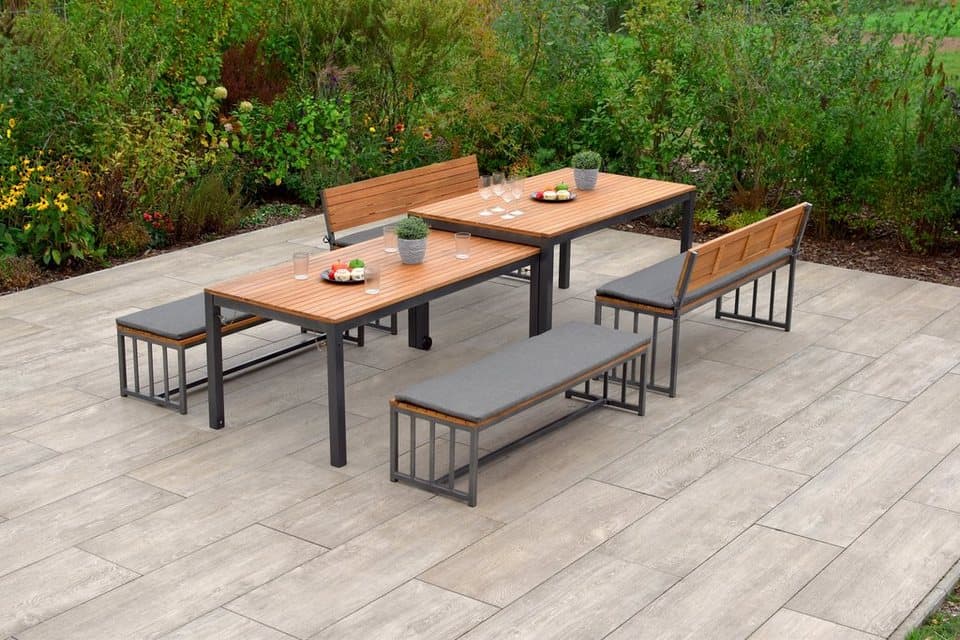 MERXX Garten-Essgruppe Milos, (Set, 10-tlg., 4 Bänke (2x mit und 2x ohne Rückenlehne), 2 Tische, 4 Sitzkissen), Set ist komplett ineinander verstaubar, geeignet für 12 Personen - Thumbnail 4