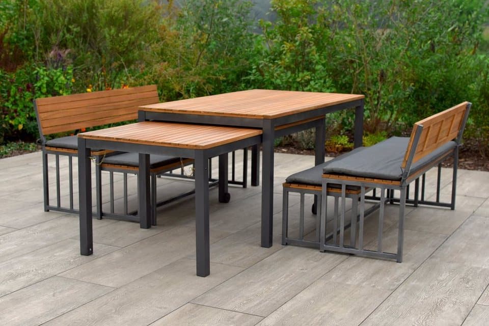 MERXX Garten-Essgruppe Milos, (Set, 10-tlg., 4 Bänke (2x mit und 2x ohne Rückenlehne), 2 Tische, 4 Sitzkissen), Set ist komplett ineinander verstaubar, geeignet für 12 Personen - Thumbnail 3