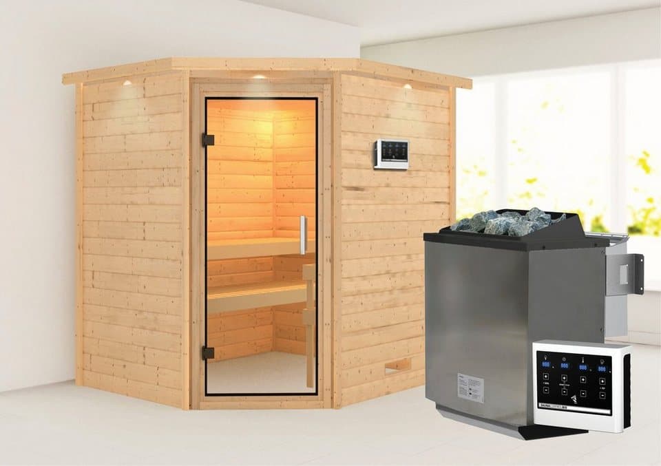 Karibu Sauna Mia (Fronteinstieg), BxTxH: 2240 x 1840 x 2020 cm, 38 mm, Ofen 9 kW Bio externe Strg easy