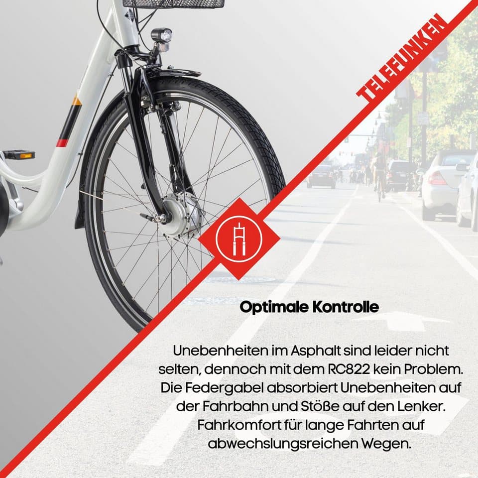 Telefunken E-Bike Cityrad Multitalent RC822, 7 Gang Shimano Tourney Schaltwerk, Kettenschaltung, Frontmotor, 531,3 Wh, (Beleuchtung, Straßenzulassung, ca. 100 km Reichweite, 2 V-Bremsen), Elektrofahrrad, Damen Herren, 28 Zoll, 36,9 V, 531,3 Wh Akku, Pedelec - Thumbnail 7