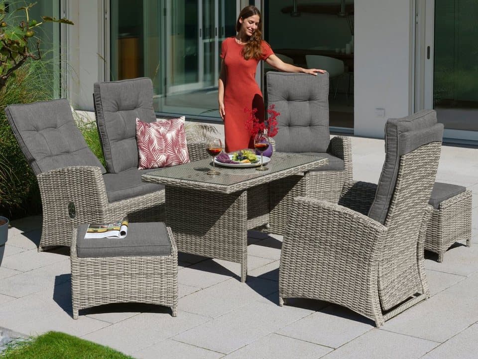 KONIFERA Garten-Essgruppe Monaco, (Set, 16-tlg., 1x2er Sofa, 2x Sessel, 2x Hocker, 1x Tisch 120x70x66cm, inkl. Auflagen), Polyrattan, Aluminium, Rückenlehne verstellbar, Grau - Thumbnail 23