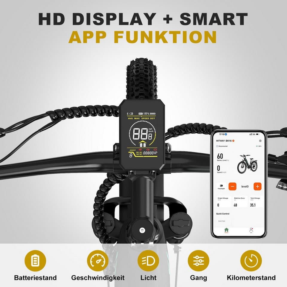 HITWAY E-Bike Pedelec 26 *3,0 zoll Elektrofahrrad mit Samsung 48V18Ah Akku bis zu 120km, 7 Gang shimano shimano Schaltwerk, Kettenschaltung, Heckmotor, 864 Wh, StVZO Pedelec, Tiefeinstieg für Damen Herren mit APP Funktion - Thumbnail 6