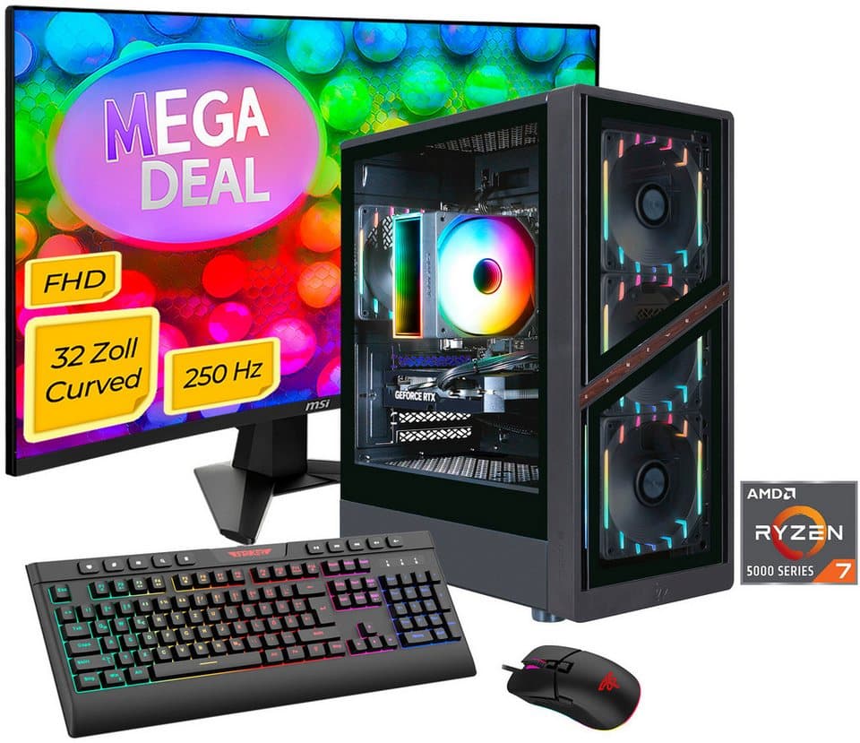 GAMEMAX MegaDeal AERIS GB 8131 AMD Ryzen 7 5700X 32GB 1TB SSD RTX 5060Ti Gaming-PC-Komplettsystem (32", AMD Ryzen 7 5700X, RTX 5060 Ti, 32 GB RAM, 1000 GB SSD, Windows 11 + MSI MAG 32C6X Curved Monitor 80cm (32) - Bild 1