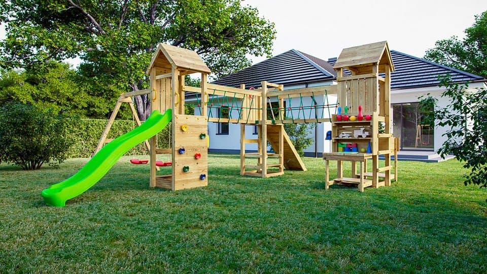 FUNGOO Spielturm Maxi Funny Optimizer, mit Rutsche, Schaukeln, Kletterwand + Seilbrücke, Made in Europe - Thumbnail 2