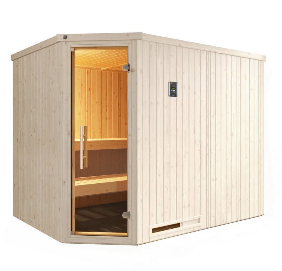 weka Sauna Element-Ecksauna VARBERG 4, BxTxH: 244 x 194 x 199 cm, 68 mm, vorgefertigte Elemente, moderne Ganzglastür - Bild 1