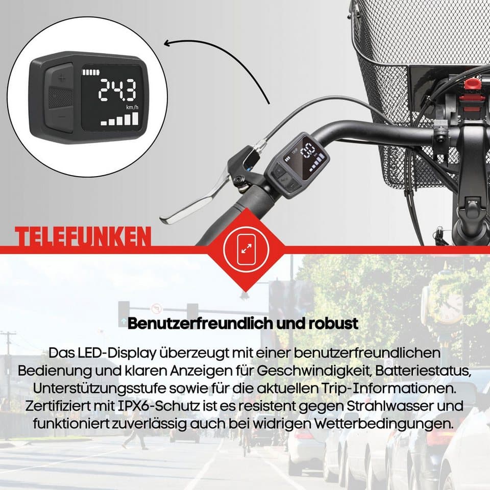 Telefunken E-Bike Cityrad Multitalent RC822, 7 Gang Shimano Tourney Schaltwerk, Kettenschaltung, Frontmotor, 531,3 Wh, (Beleuchtung, Straßenzulassung, ca. 100 km Reichweite, 2 V-Bremsen), Elektrofahrrad, Damen Herren, 28 Zoll, 36,9 V, 531,3 Wh Akku, Pedelec - Thumbnail 6