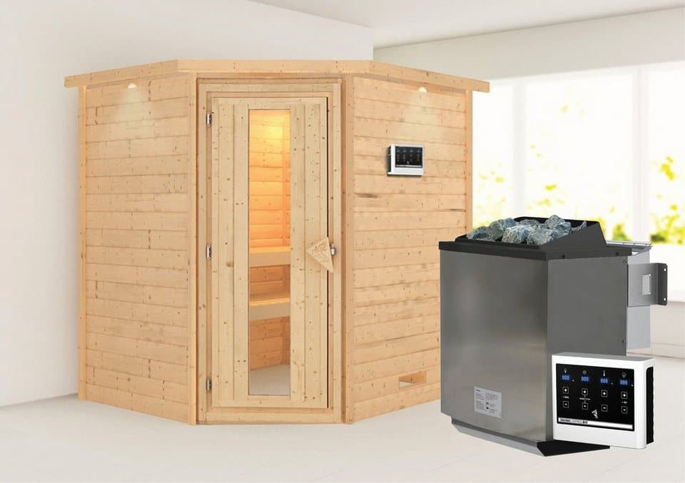 Karibu Sauna Mia (Fronteinstieg), BxTxH: 2240 x 1840 x 2020 cm, 38 mm, Ofen 9 kW Bio externe Strg easy