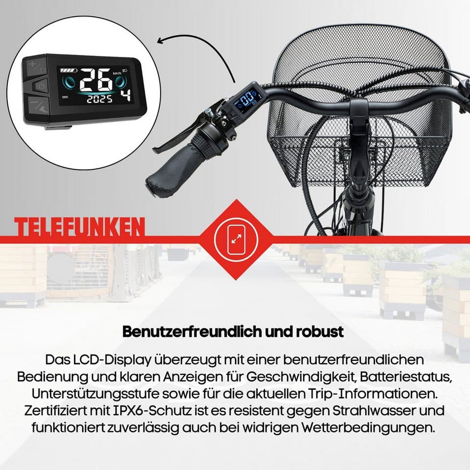 Telefunken E-Bike Dreirad TC550, 3 Gang Shimano Nexus Schaltwerk, Nabenschaltung, Frontmotor, 536,5 Wh, tiefer Einstieg, Pedelec, inkl. Einkaufskorb - Thumbnail 9