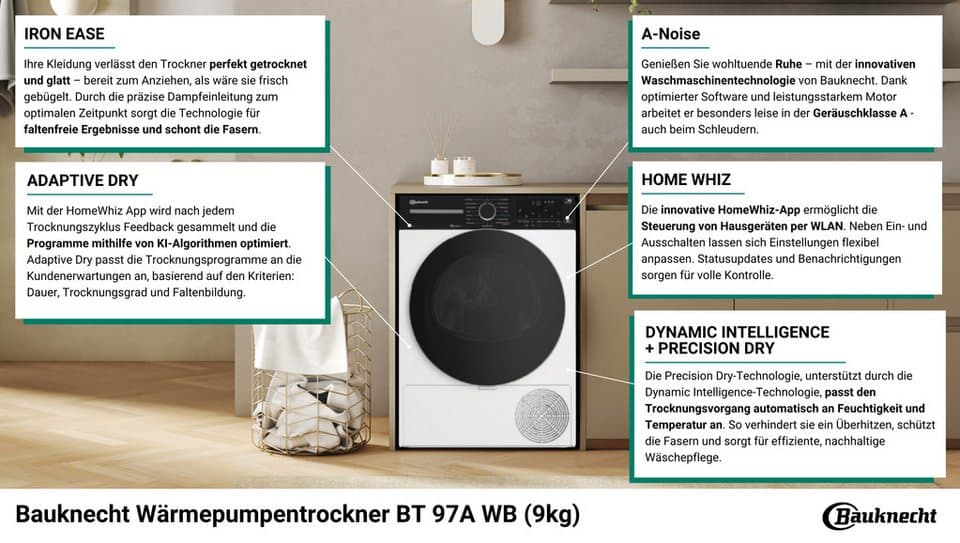 BAUKNECHT Wärmepumpentrockner BT 97A WB, IronEase – Bügelfrei auf Knopfdruck - Thumbnail 6
