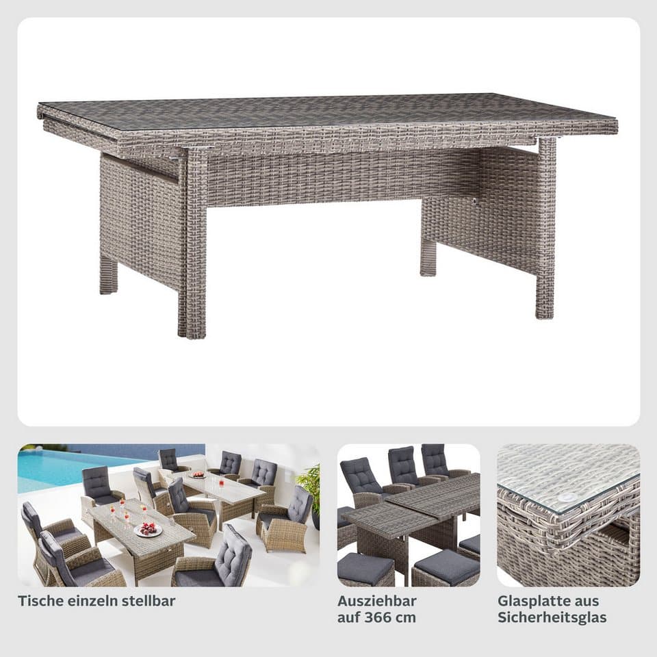 KONIFERA Garten-Essgruppe Monaco, (Set, 31-tlg., 10x Sessel, 1xTisch 200-366x100x75,5cm, inkl. Auflagen, Polyrattan,Alu), Rückenlehne verstellbar, Tischplatte aus 5mm starkem Sicherheitsglas - Thumbnail 3