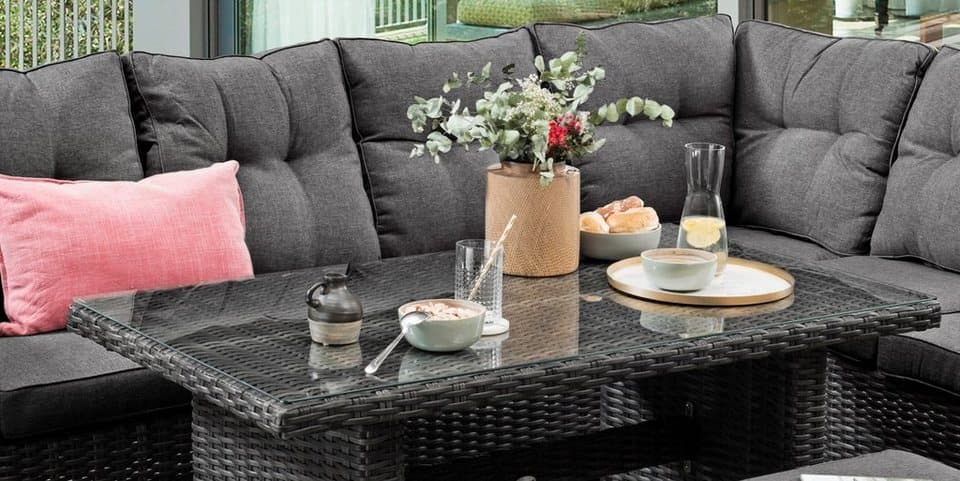 Destiny Gartenlounge-Set SANTA PONSA DE LUXE Eckgruppe, grau mel., Tisch 140x80cm, Polster grau, (Set, 20-tlg., 2 Schenkel inkl. Polster, 2 Sitze verstellb. 1Tisch m. aufgel. Glaspl), Aluminium, Polyrattan - Thumbnail 2