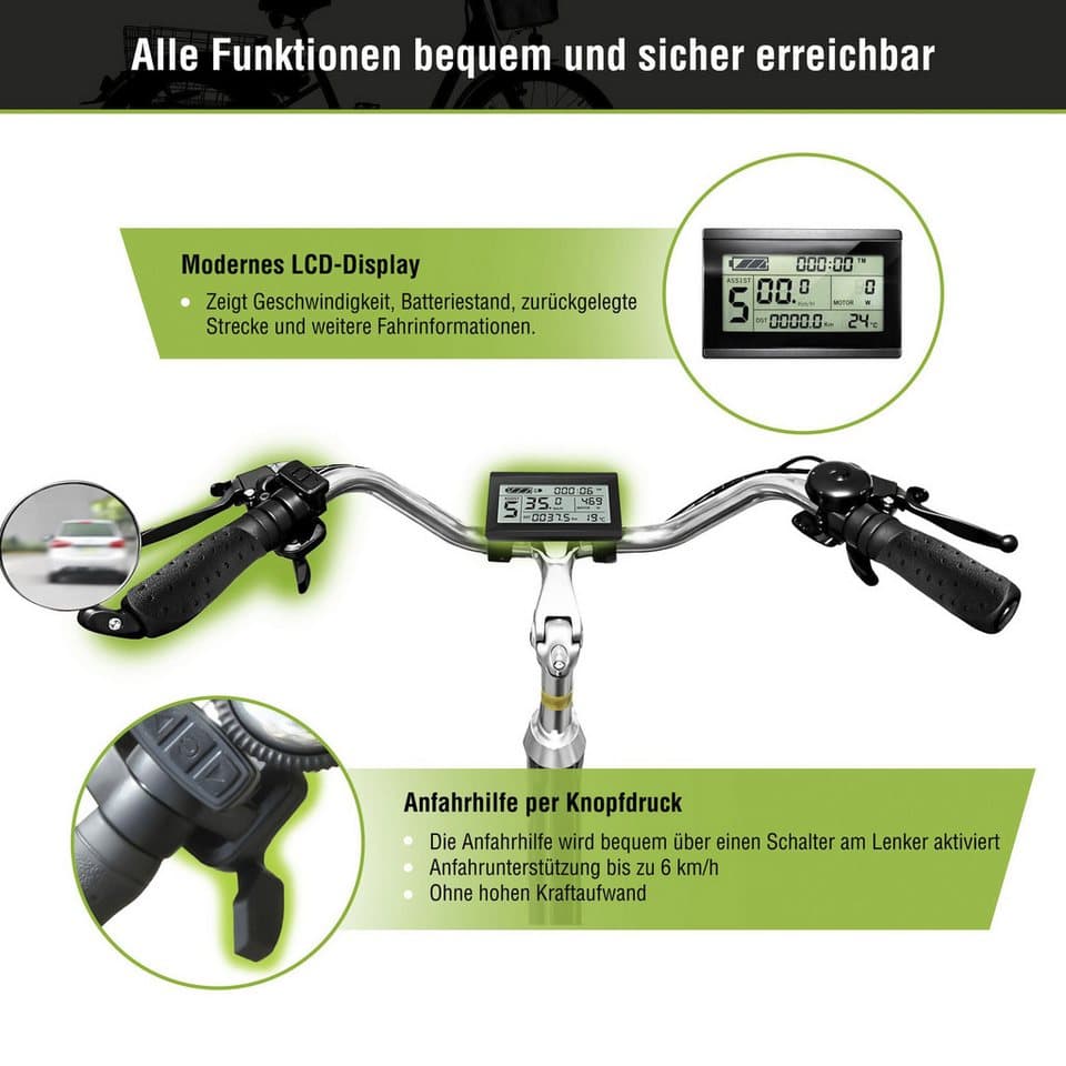 SachsenRAD E-Bike Lastenrad T3A mit Alarmanlage, 7 Gang Shimano Shimano 7-Gang-Kettenschaltung Schaltwerk, Kettenschaltung, Frontmotor, 470 Wh, (LED-Frontlicht, Alarmrücklicht mit Bremslicht, Ledersattel, 3-Räder), Lastenkorb, Lenkerkorb, LCD-Steuer- display, Fahrmodus Pedelec - Thumbnail 3