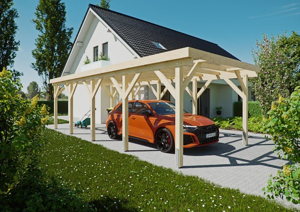 KONIFERA Einzelcarport Saturn III, BxT: 344x850 cm, 222 cm Einfahrtshöhe, Bausatz, Leimholz naturbelassen, PET-Flachdach lichtdurchlässig