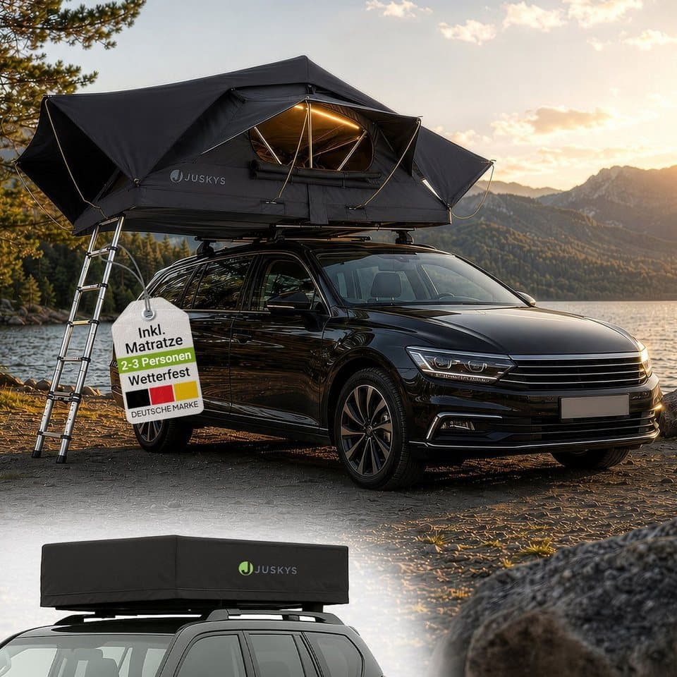 Juskys Dachzelt Lago, Wasserdicht, Teleskopleiter, 2 Personen Zelt, LED Beleuchtung