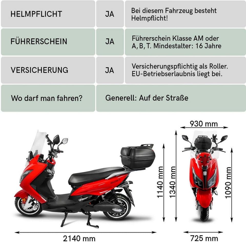 Rolektro E-Motorroller Maximus MX2-45, 1 Akku, 3000 W, 45 km/h, bis zu 84 km Reichweite, mit integr. Alarmanlage - Thumbnail 9