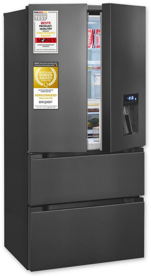 exquisit French Door FD490-160-WS-202E inoxlook-az FD490-160-WS-202E inoxlook-az, 183 cm hoch, 83,6 cm breit, Praktisch mit 506 L Kombi & LED, Schnellgefrieren & Wasserspender - Thumbnail 2