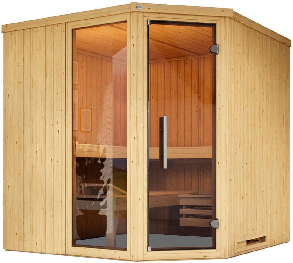 weka Sauna Element-Ecksauna VARBERG 3, BxTxH: 194 x 194 x 199 cm, 38 mm, vorgefertigte Elemente, moderne Ganzglastür, bodenl. Fensterelement - Bild 1