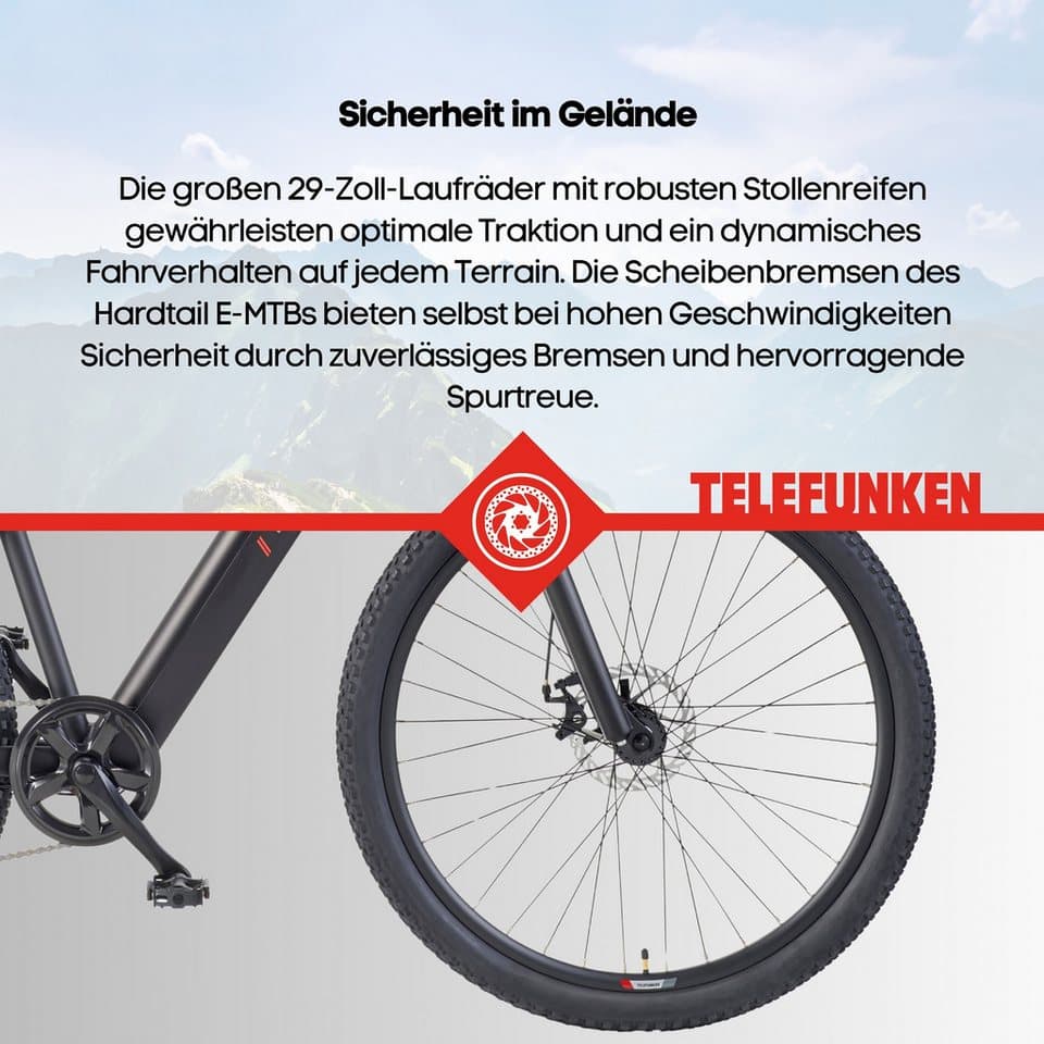 Telefunken E-Bike Mountainbike Aufsteiger MT922, 7 Gang Shimano TY300D Schaltwerk, Kettenschaltung, Heckmotor, 489,6 Wh, Pedelec, Elektrofahrrad, Damen u. Herren, E-MTB, Mountainbike, 29 Zoll - Thumbnail 7