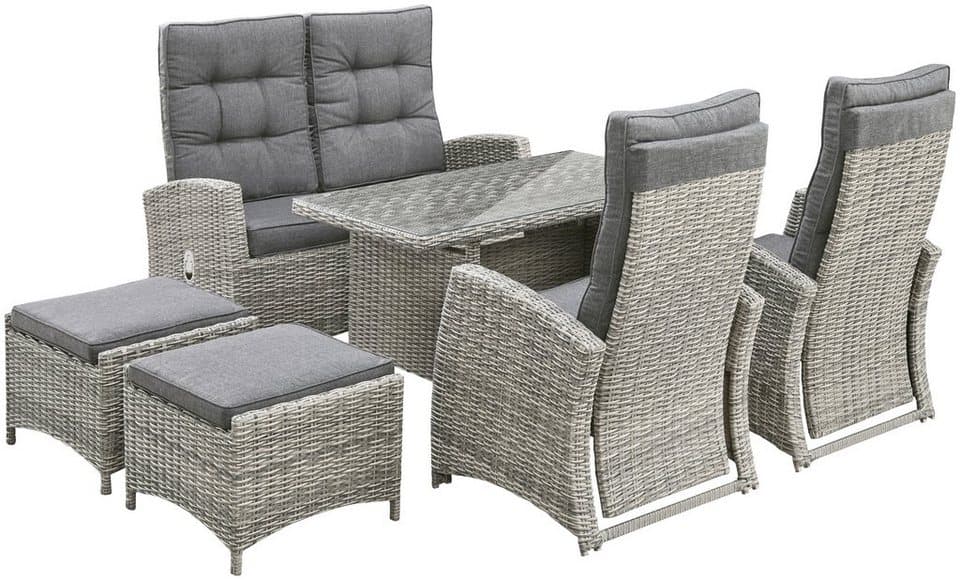 KONIFERA Garten-Essgruppe Monaco, (Set, 16-tlg., 1x2er Sofa, 2x Sessel, 2x Hocker, 1x Tisch 120x70x66cm, inkl. Auflagen), Polyrattan, Aluminium, Rückenlehne verstellbar, Grau - Thumbnail 4