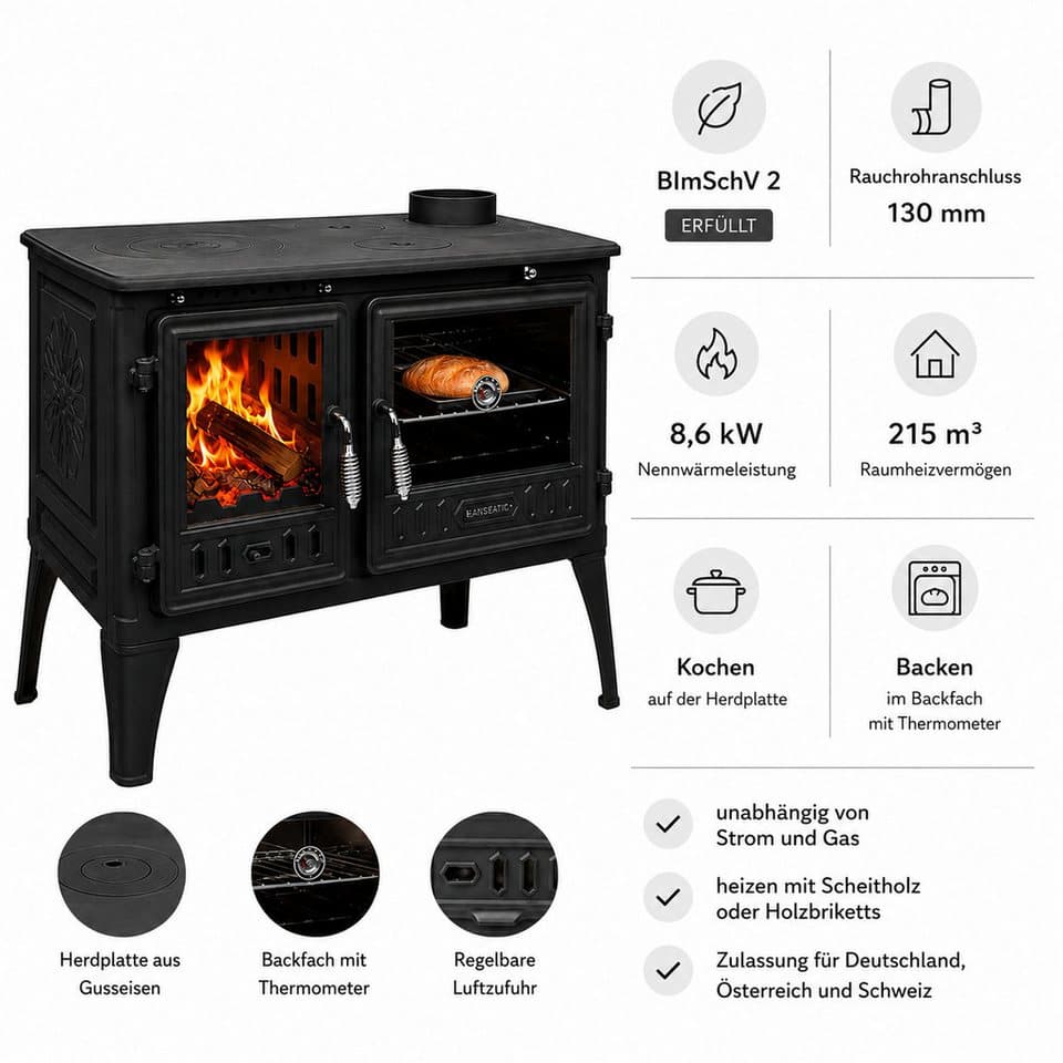 Hanseatic Festbrennstoffherd Vesta, 8,6 kW, Zeitbrand - Thumbnail 3