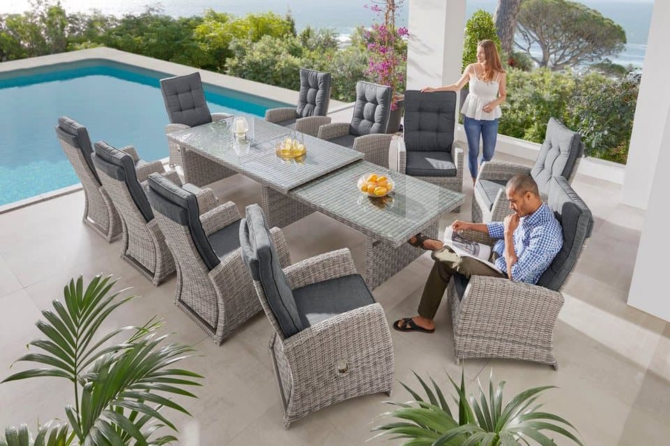 KONIFERA Garten-Essgruppe Monaco, (Set, 31-tlg., 10x Sessel, 1xTisch 200-366x100x75,5cm, inkl. Auflagen, Polyrattan,Alu), Rückenlehne verstellbar, Tischplatte aus 5mm starkem Sicherheitsglas - Thumbnail 24