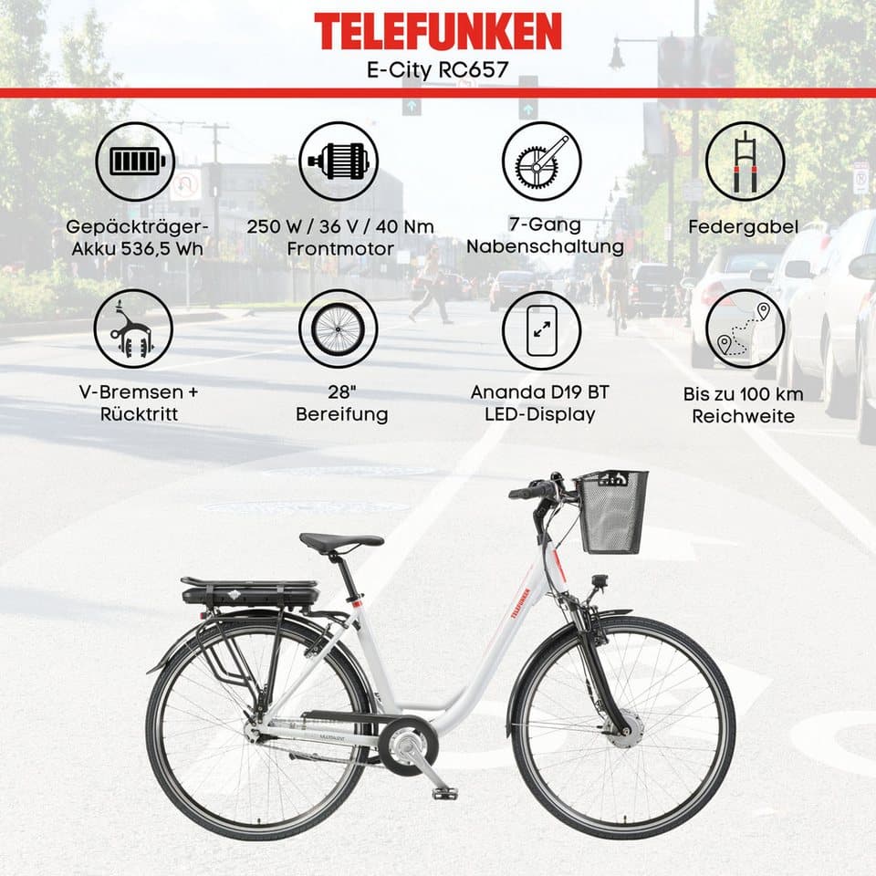 Telefunken E-Bike Cityrad Multitalent RC657, 7 Gang Shimano Nexus Schaltwerk, Nabenschaltung, Frontmotor, 536,5 Wh, Pedelec, Elektrofahrrad für Damen u. Herren - Thumbnail 5