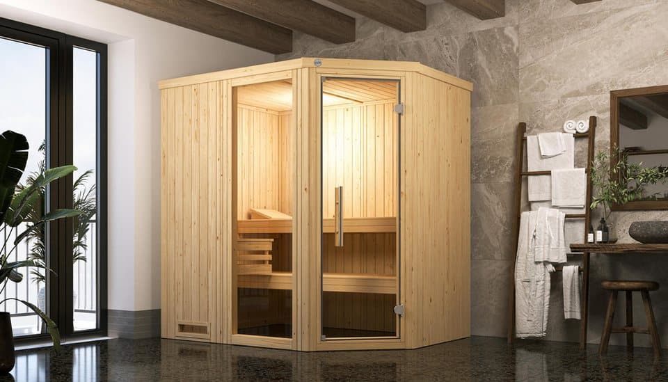 weka Sauna Element-Ecksauna VARBERG 1, BxTxH: 194 x 144 x 199 cm, 68 mm, vorgefertigte Elemente, Fensterelement, moderne Ganzglastür - Thumbnail 2